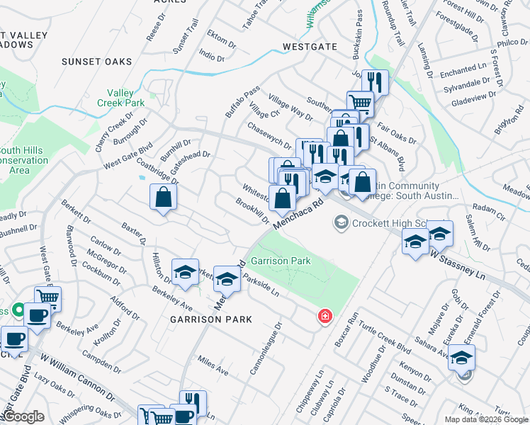 map of restaurants, bars, coffee shops, grocery stores, and more near 2100 Brookhill Drive in Austin