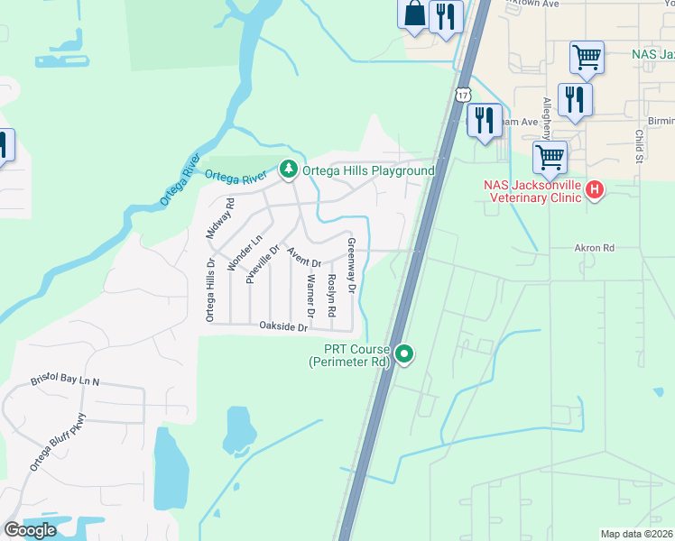 map of restaurants, bars, coffee shops, grocery stores, and more near 4838 Avent Drive in Jacksonville