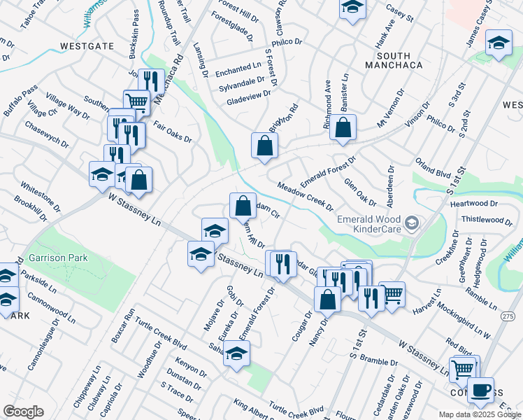 map of restaurants, bars, coffee shops, grocery stores, and more near 1211 Radam Circle in Austin