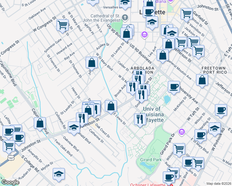 map of restaurants, bars, coffee shops, grocery stores, and more near 504 Brook Avenue in Lafayette