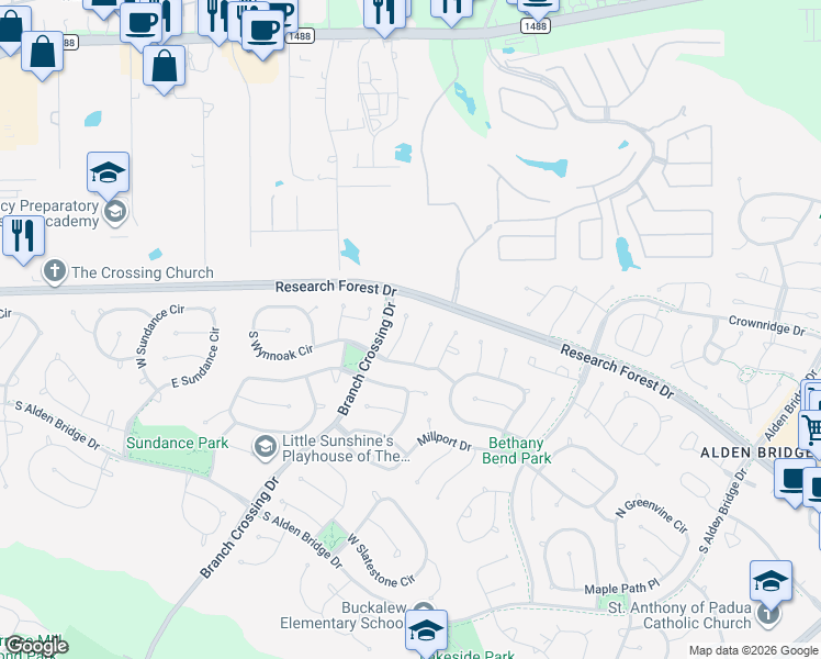 map of restaurants, bars, coffee shops, grocery stores, and more near 31 Dalea Place in Spring