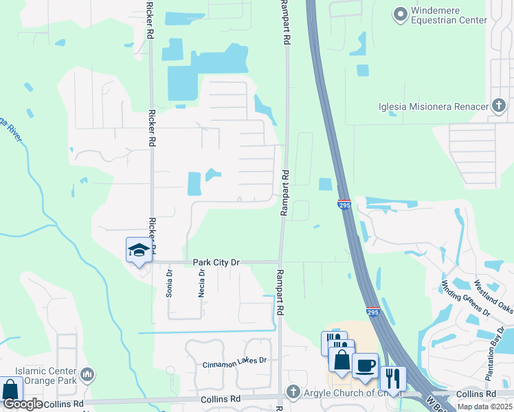 map of restaurants, bars, coffee shops, grocery stores, and more near 7324 Overland Park Boulevard in Jacksonville