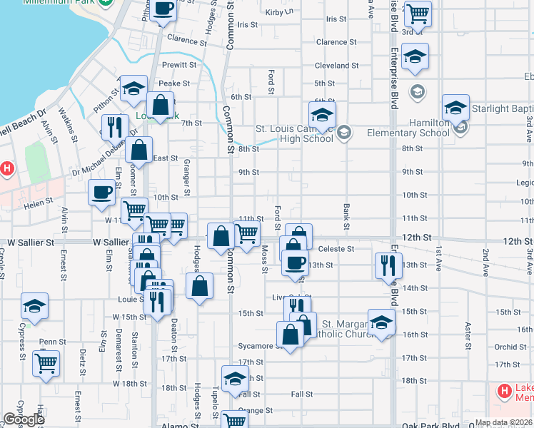 map of restaurants, bars, coffee shops, grocery stores, and more near 643 11th Street in Lake Charles