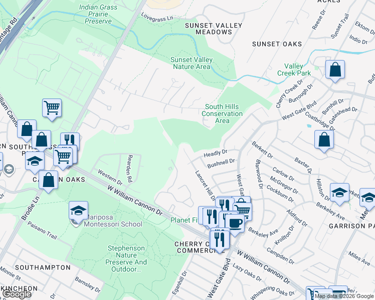 map of restaurants, bars, coffee shops, grocery stores, and more near 6507 Lancret Hill Dr in Austin