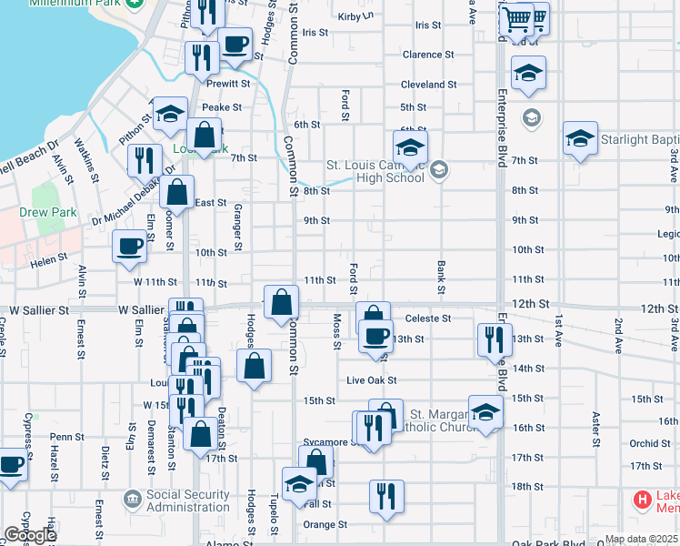 map of restaurants, bars, coffee shops, grocery stores, and more near 643 11th Street in Lake Charles