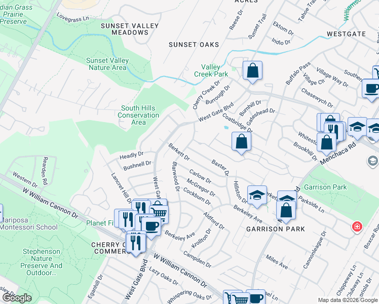 map of restaurants, bars, coffee shops, grocery stores, and more near 2621 Baxter Drive in Austin