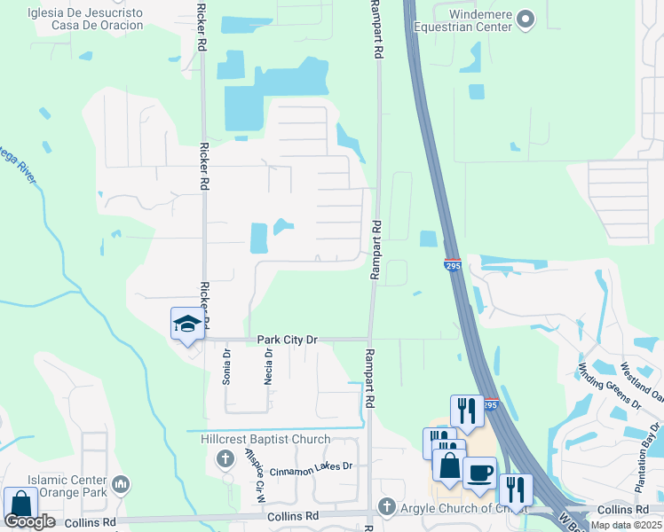 map of restaurants, bars, coffee shops, grocery stores, and more near 7336 Overland Park Boulevard in Jacksonville