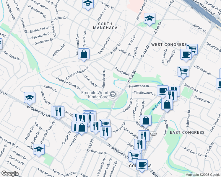 map of restaurants, bars, coffee shops, grocery stores, and more near 5000 South 1st Street in Austin