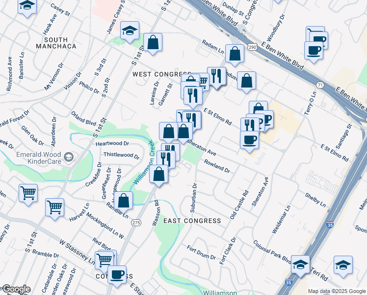 map of restaurants, bars, coffee shops, grocery stores, and more near 4715 South Congress Avenue in Austin