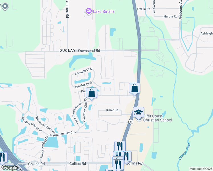 map of restaurants, bars, coffee shops, grocery stores, and more near 7469 Cliff Cottage Drive in Jacksonville