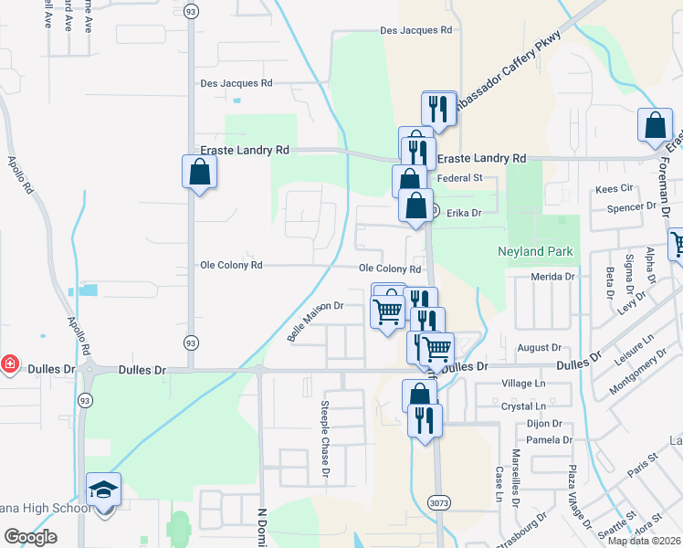 map of restaurants, bars, coffee shops, grocery stores, and more near 225 Ole Colony Road in Lafayette