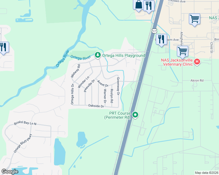 map of restaurants, bars, coffee shops, grocery stores, and more near 4838 Avent Drive in Jacksonville