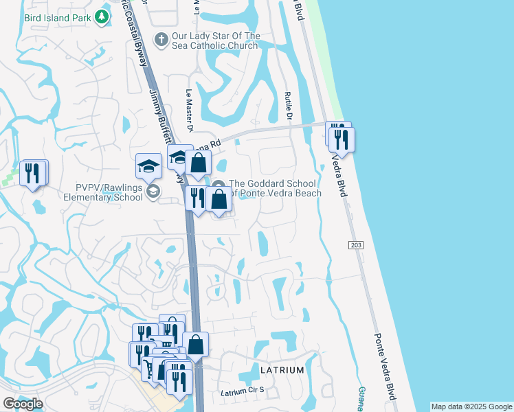 map of restaurants, bars, coffee shops, grocery stores, and more near 313 North Sea Lake Lane in Ponte Vedra Beach