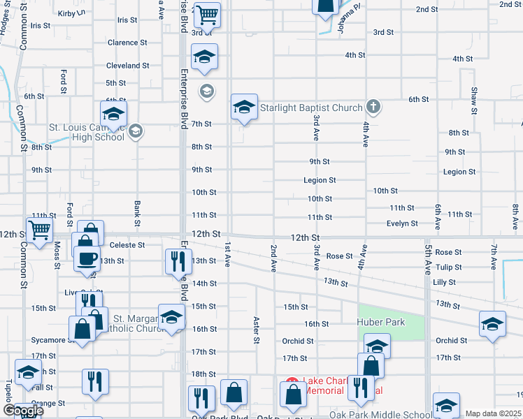 map of restaurants, bars, coffee shops, grocery stores, and more near 1515 11th Street in Lake Charles