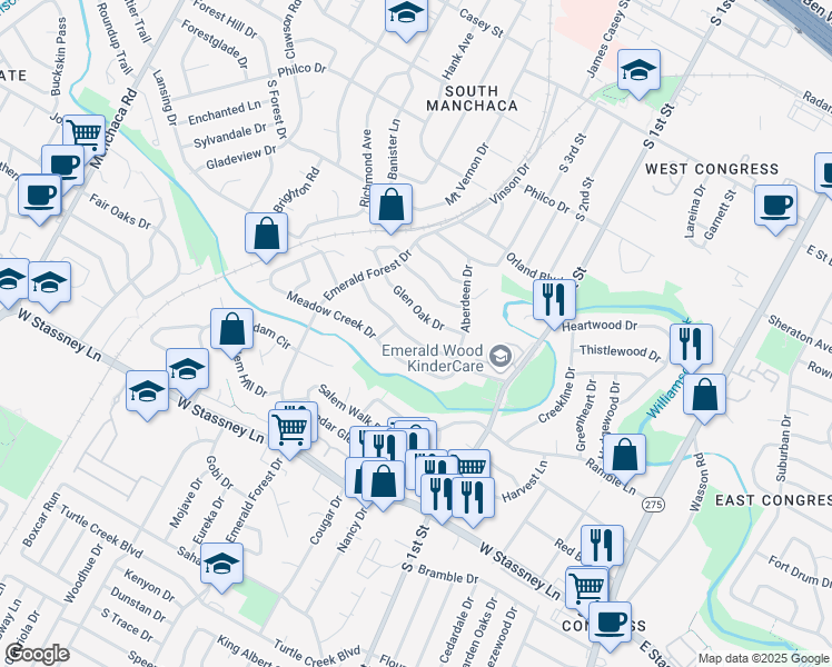 map of restaurants, bars, coffee shops, grocery stores, and more near 814 Emerald Wood Drive in Austin