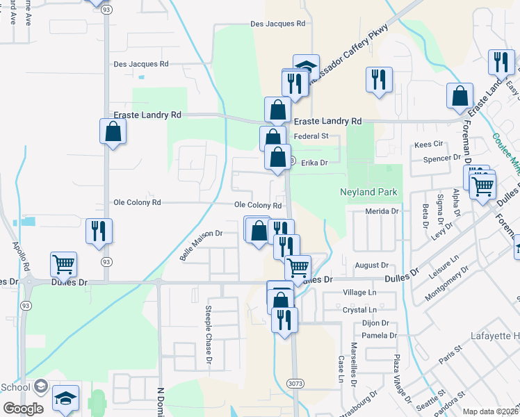 map of restaurants, bars, coffee shops, grocery stores, and more near 121 Ole Colony Rd in Lafayette