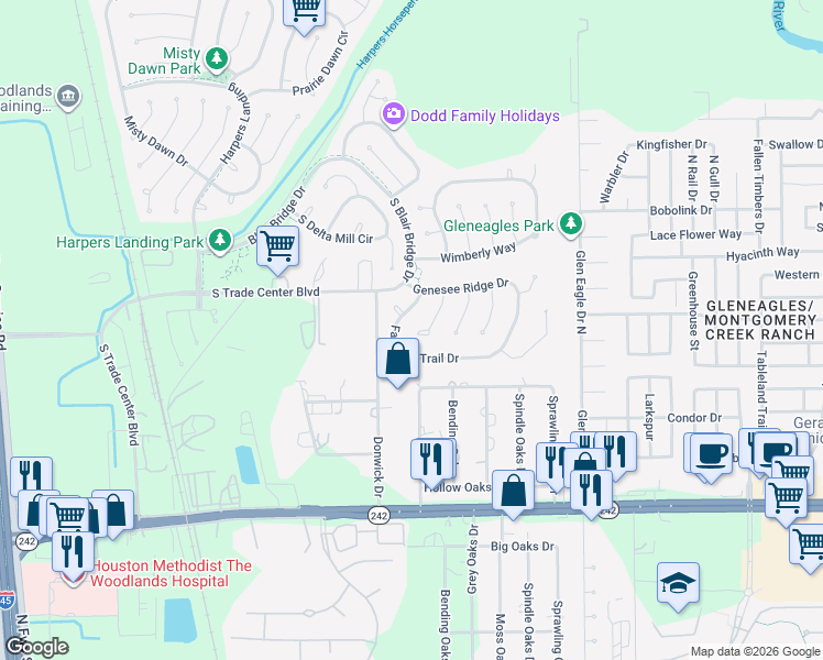 map of restaurants, bars, coffee shops, grocery stores, and more near 7 Raindance Court in Conroe