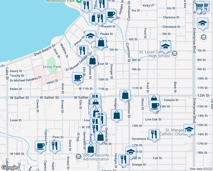 map of restaurants, bars, coffee shops, grocery stores, and more near 1815 Bilbo Street in Lake Charles