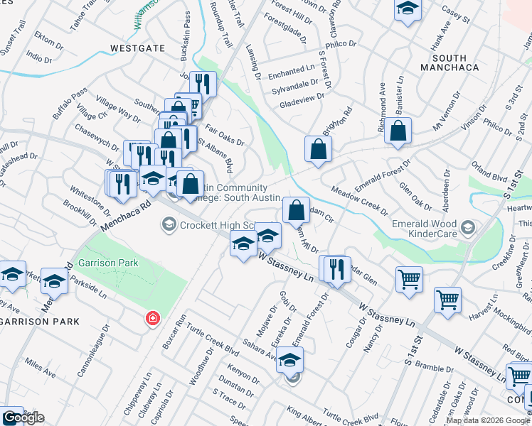 map of restaurants, bars, coffee shops, grocery stores, and more near 1405 Salem Meadow Circle in Austin