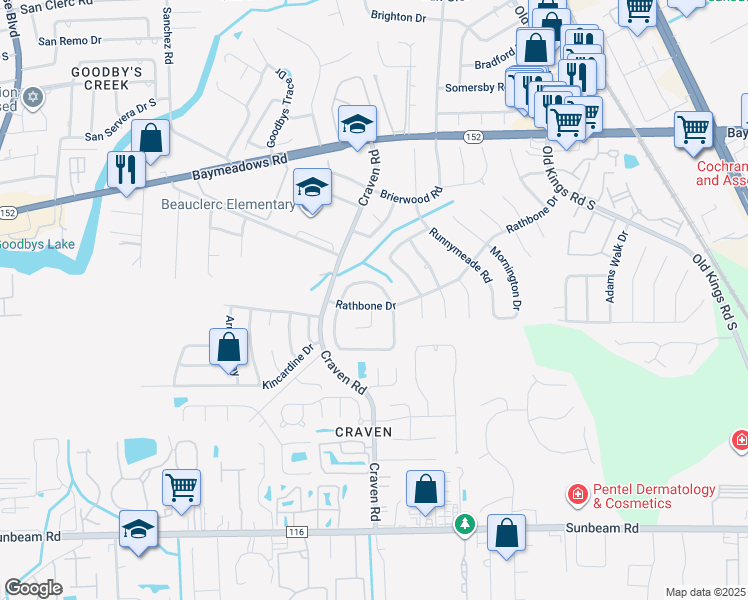 map of restaurants, bars, coffee shops, grocery stores, and more near 9052 Latimer Road East in Jacksonville