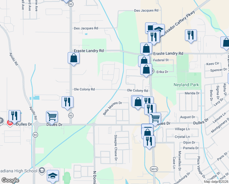 map of restaurants, bars, coffee shops, grocery stores, and more near 225 Ole Colony Road in Lafayette