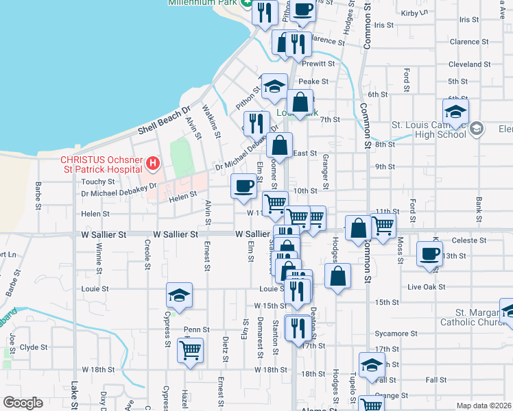 map of restaurants, bars, coffee shops, grocery stores, and more near 112 West 11th Street in Lake Charles