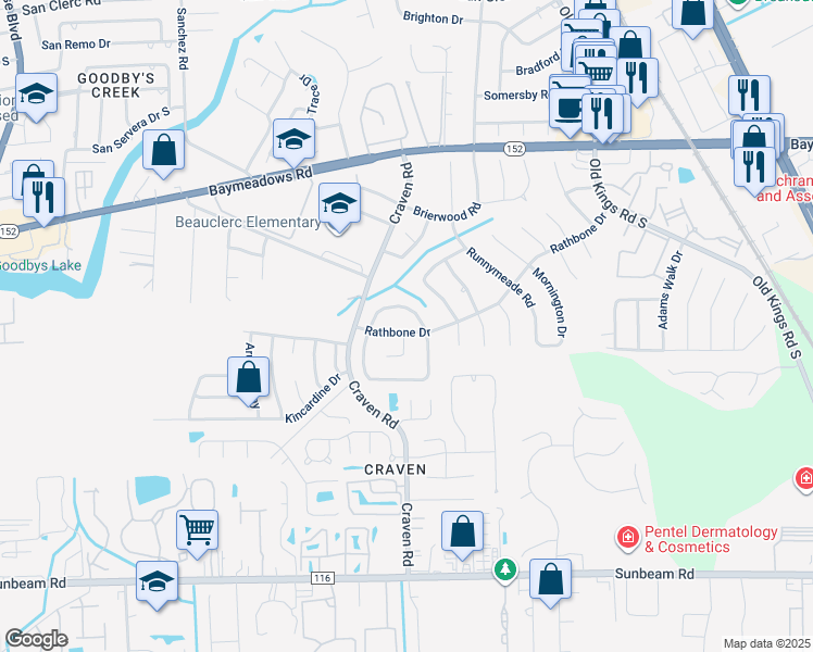 map of restaurants, bars, coffee shops, grocery stores, and more near 9052 Latimer Road East in Jacksonville