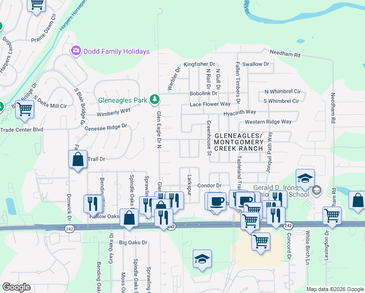 map of restaurants, bars, coffee shops, grocery stores, and more near 16885 Canary Street in Conroe