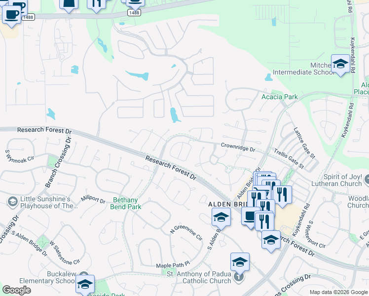map of restaurants, bars, coffee shops, grocery stores, and more near 46 Timberstar Street in Spring