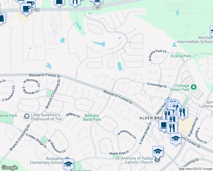 map of restaurants, bars, coffee shops, grocery stores, and more near 11 South Manorcliff Place in Spring
