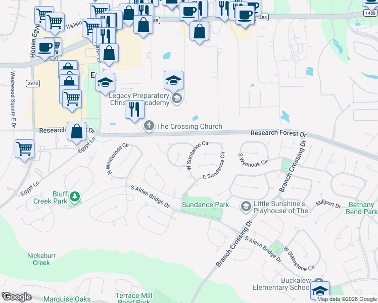 map of restaurants, bars, coffee shops, grocery stores, and more near 159 West Sundance Circle in Spring