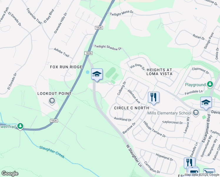 map of restaurants, bars, coffee shops, grocery stores, and more near 7412 West Slaughter Lane in Austin
