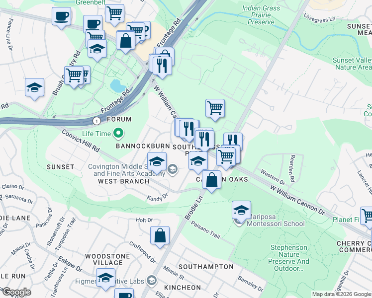 map of restaurants, bars, coffee shops, grocery stores, and more near 3610 Bannockburn Drive in Austin