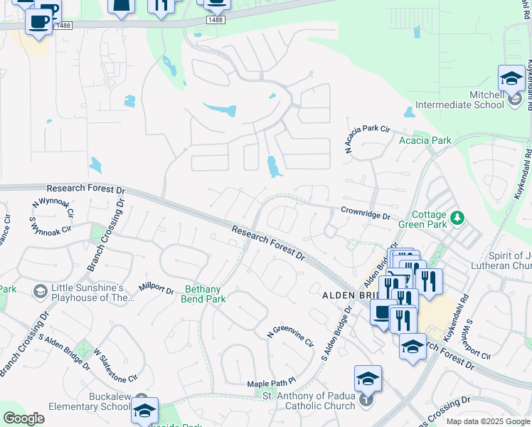 map of restaurants, bars, coffee shops, grocery stores, and more near 78 North Walden Elms Circle in Spring