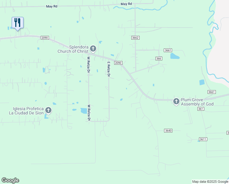 map of restaurants, bars, coffee shops, grocery stores, and more near 15725 East Relza Drive in Splendora
