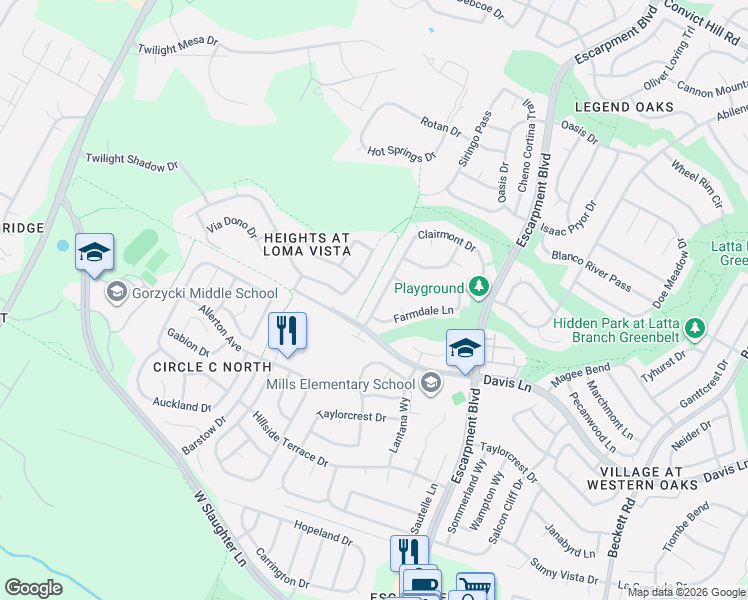map of restaurants, bars, coffee shops, grocery stores, and more near 6542 Clairmont Drive in Austin