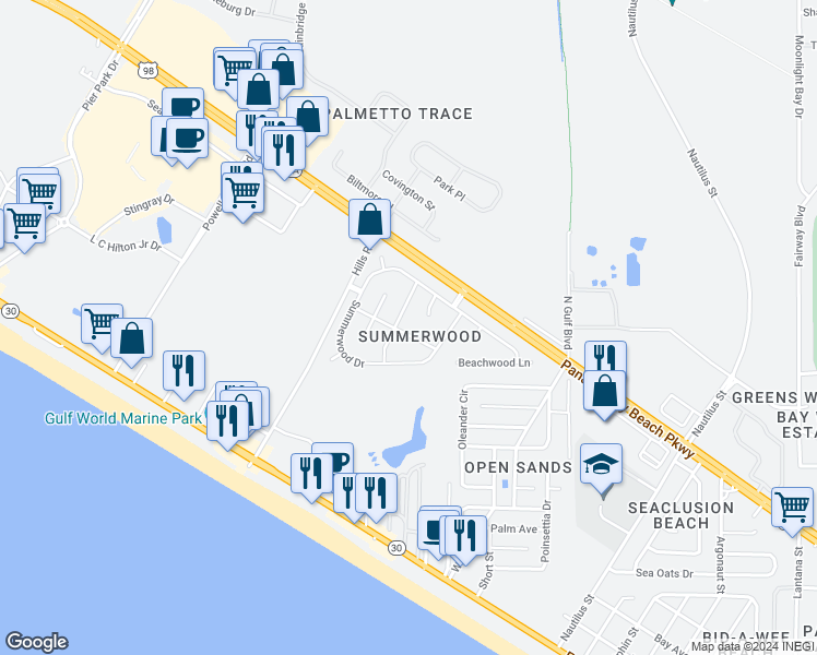 map of restaurants, bars, coffee shops, grocery stores, and more near 110 Woodtrail Drive in Panama City Beach