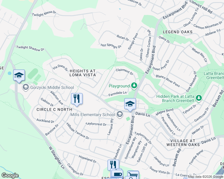 map of restaurants, bars, coffee shops, grocery stores, and more near 8701 Farmdale Cove in Austin