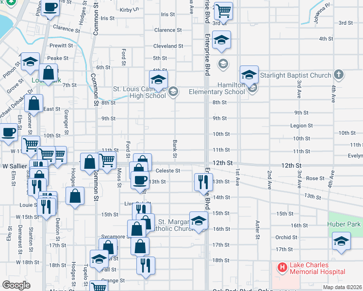 map of restaurants, bars, coffee shops, grocery stores, and more near 1827 Bank Street in Lake Charles