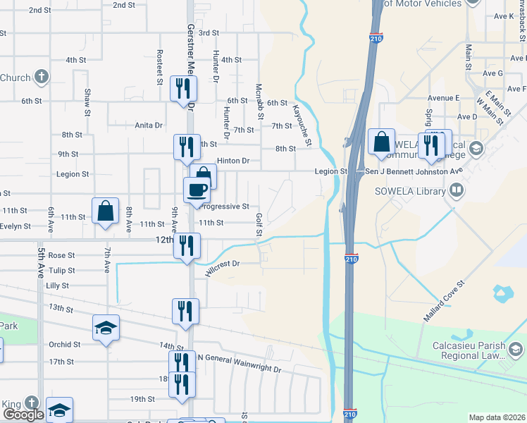 map of restaurants, bars, coffee shops, grocery stores, and more near 216 Gelpi Drive in Lake Charles