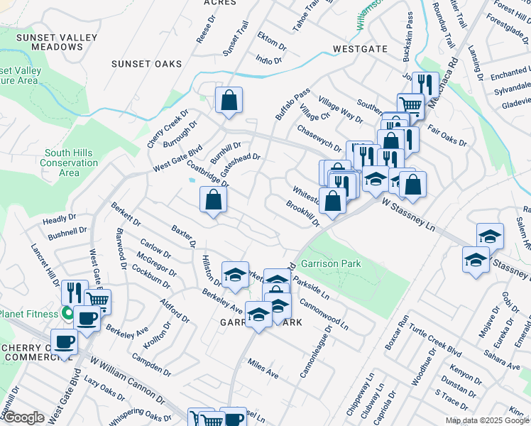 map of restaurants, bars, coffee shops, grocery stores, and more near 2305 Falcon Hill Drive in Austin