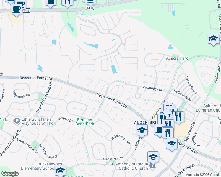 map of restaurants, bars, coffee shops, grocery stores, and more near 78 North Walden Elms Circle in Spring