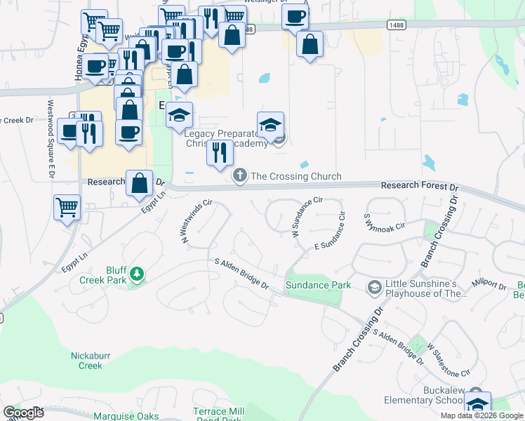 map of restaurants, bars, coffee shops, grocery stores, and more near 11 Vinca Trail in Spring