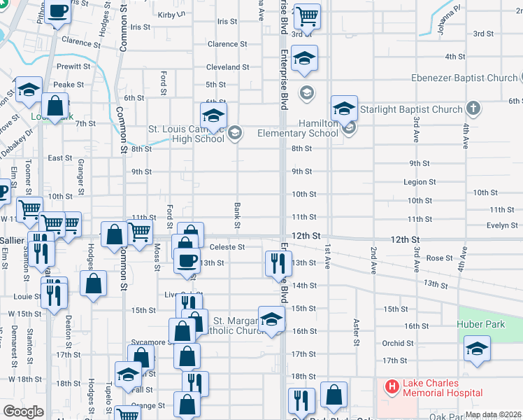 map of restaurants, bars, coffee shops, grocery stores, and more near 1033 11th St in Lake Charles
