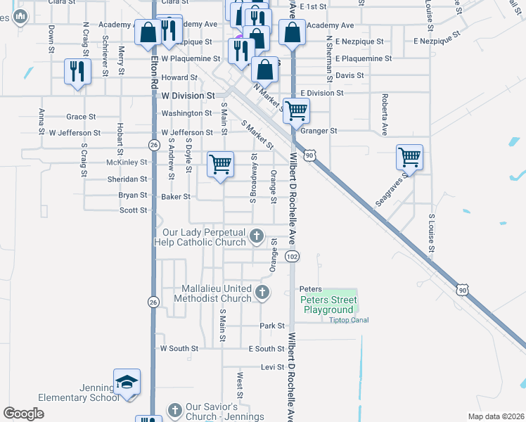 map of restaurants, bars, coffee shops, grocery stores, and more near 239 Shine Alley in Jennings