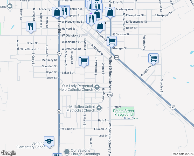 map of restaurants, bars, coffee shops, grocery stores, and more near 239 Shine Alley in Jennings