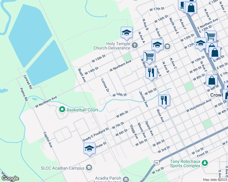 map of restaurants, bars, coffee shops, grocery stores, and more near 1205 Mockingbird Lane in Crowley