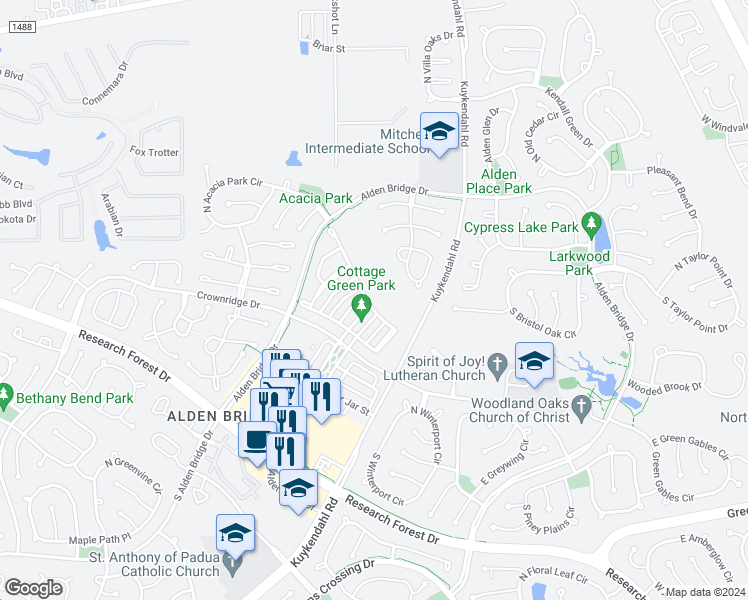 map of restaurants, bars, coffee shops, grocery stores, and more near 142 Lattice Gate Street in Spring