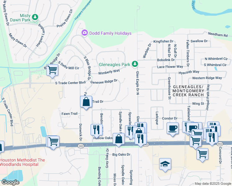 map of restaurants, bars, coffee shops, grocery stores, and more near 111 Genesee Ridge Drive in Conroe