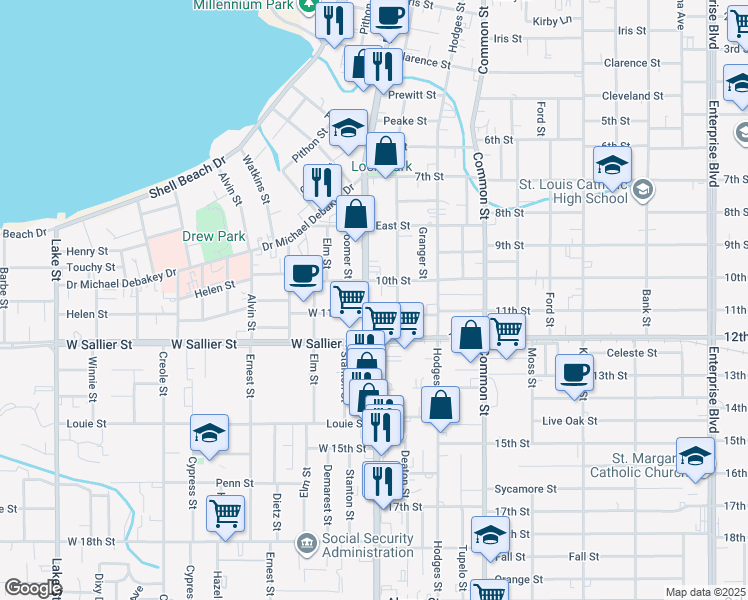 map of restaurants, bars, coffee shops, grocery stores, and more near 1811 Ryan Street in Lake Charles